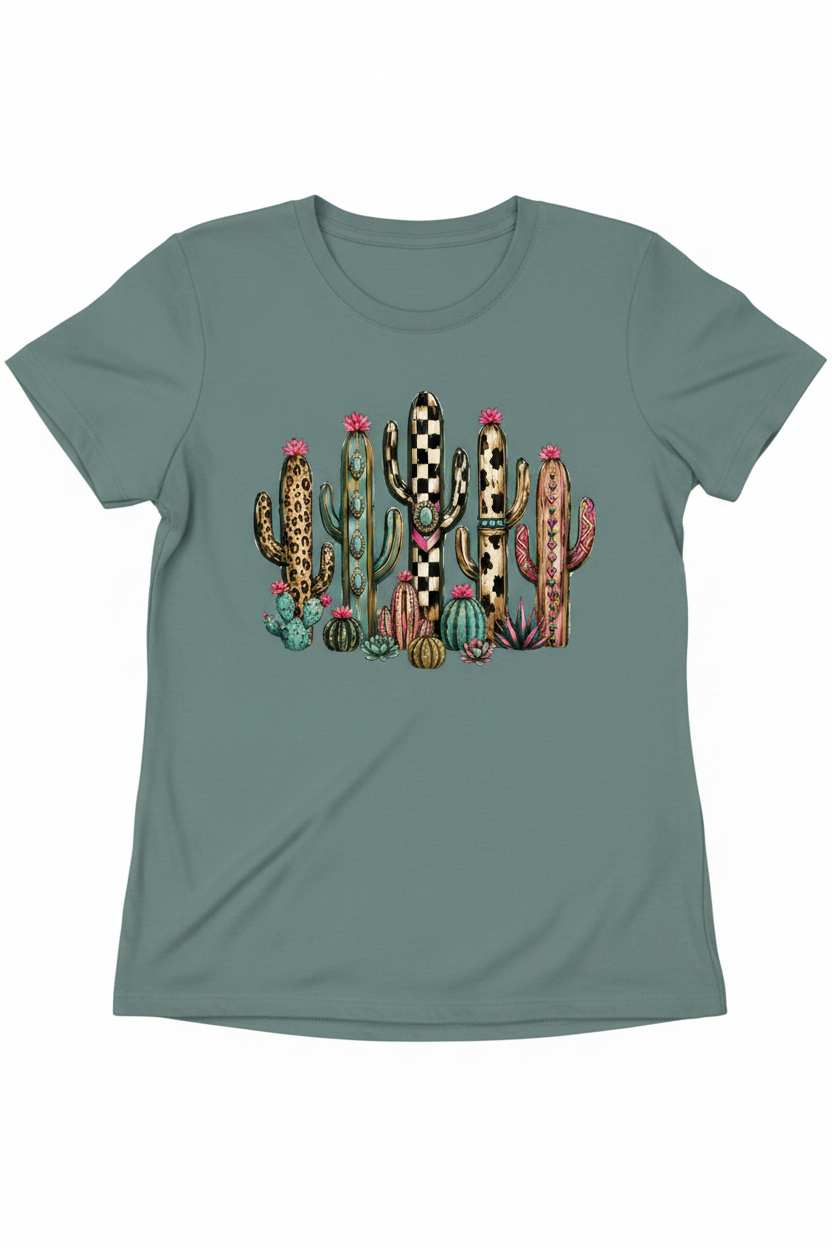 Western cacti tee flat lay - teal