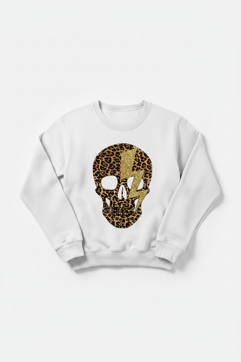 Leopard skull sweatshirt flat lay - white