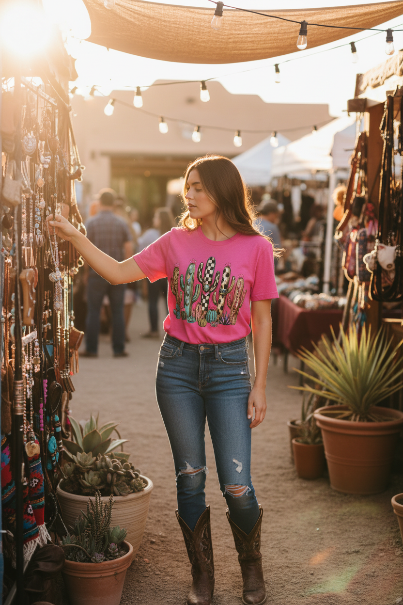 Western cacti tee lifestyle - pink