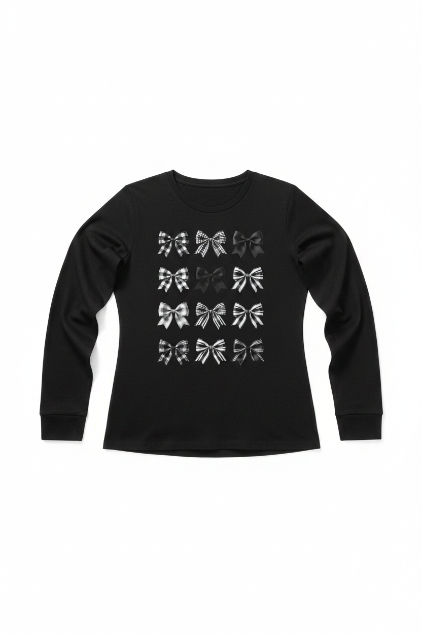Women's black Checkered Bows long sleeve tee flat lay