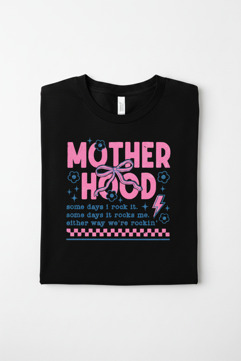 Motherhood tee black shirt folded flat lay