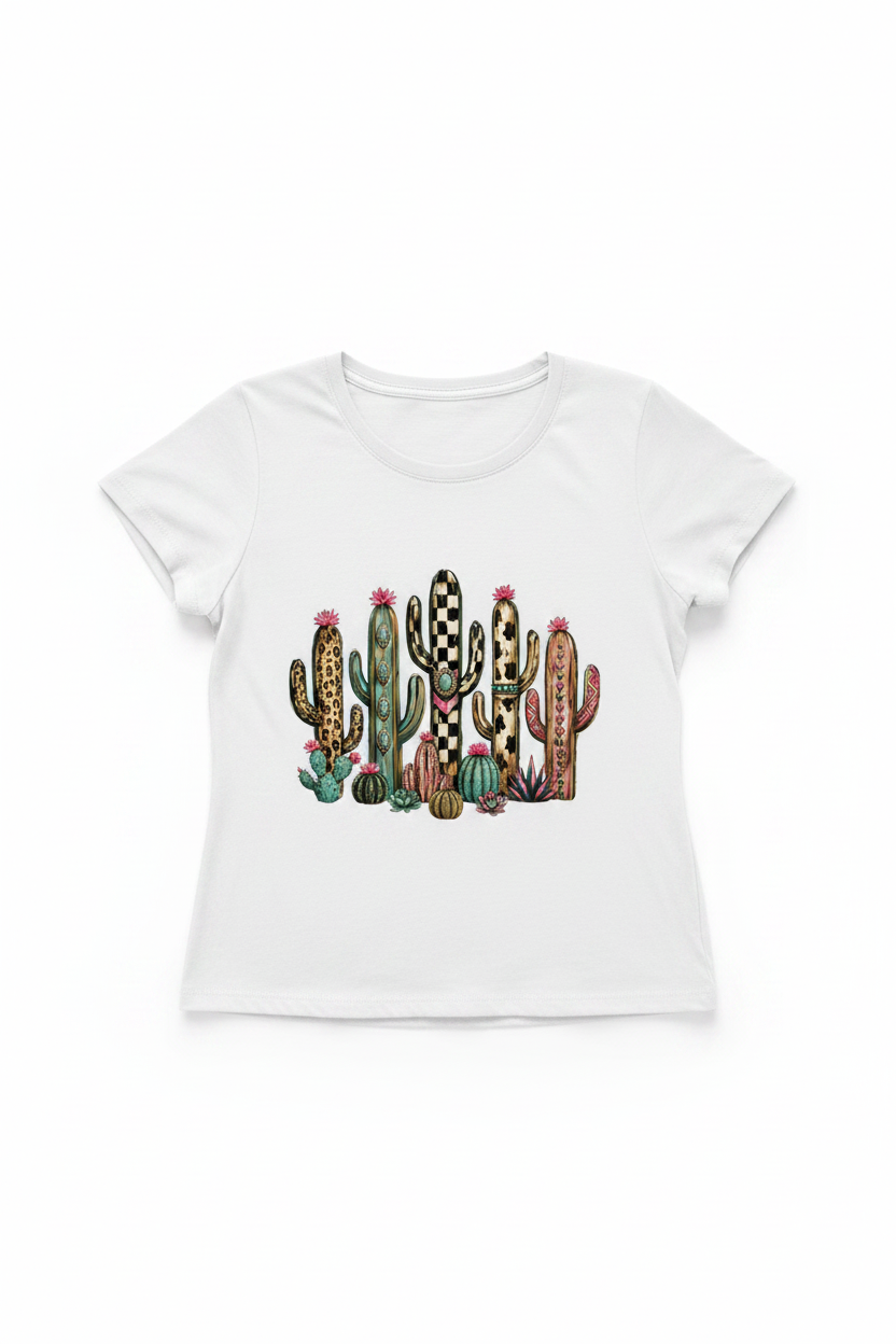 Western cacti tee flat lay - white