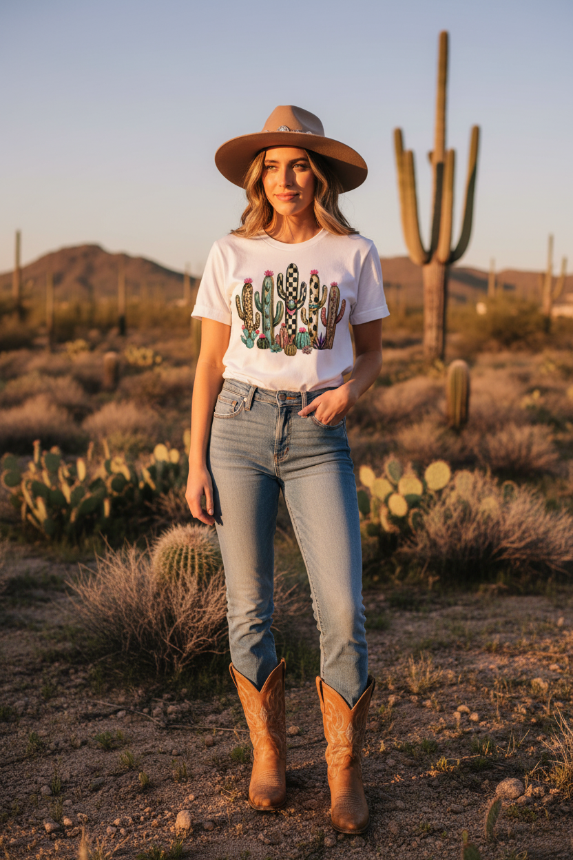 Western cacti tee lifestyle - white