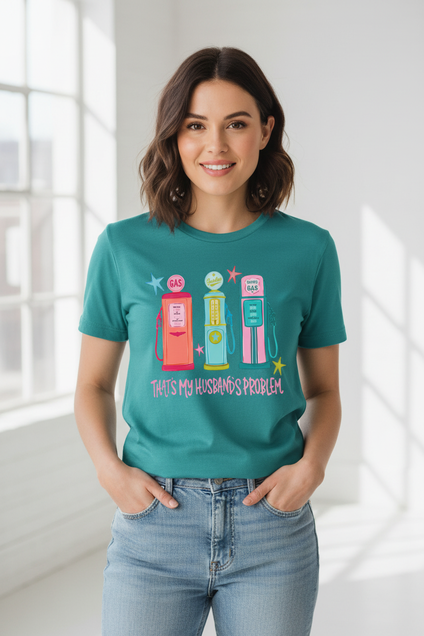 That's My Husband's Problem tee worn on teal shirt