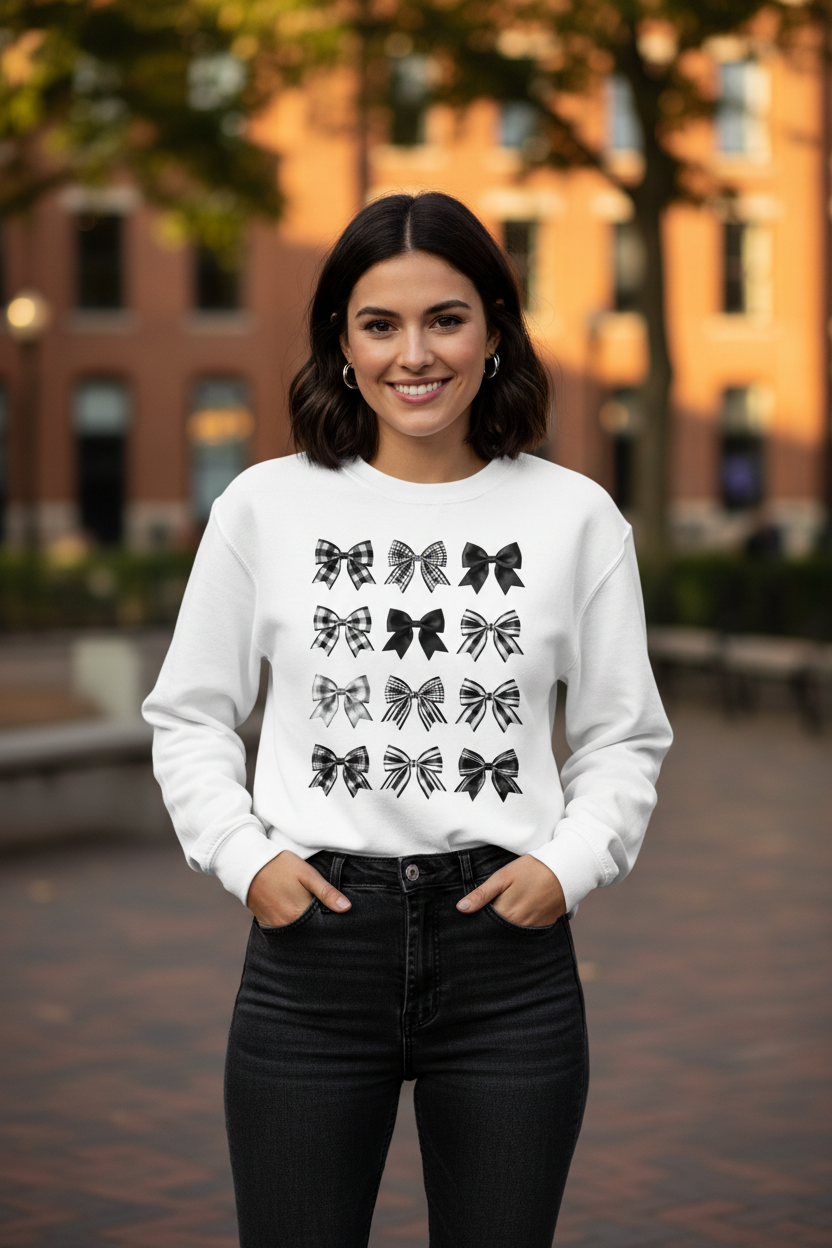 Woman wearing Checkered Bows crewneck sweatshirt lifestyle shot