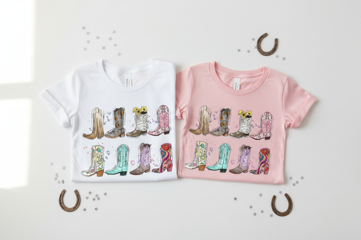 Youth and toddler cowboy boots tees folded flat lay