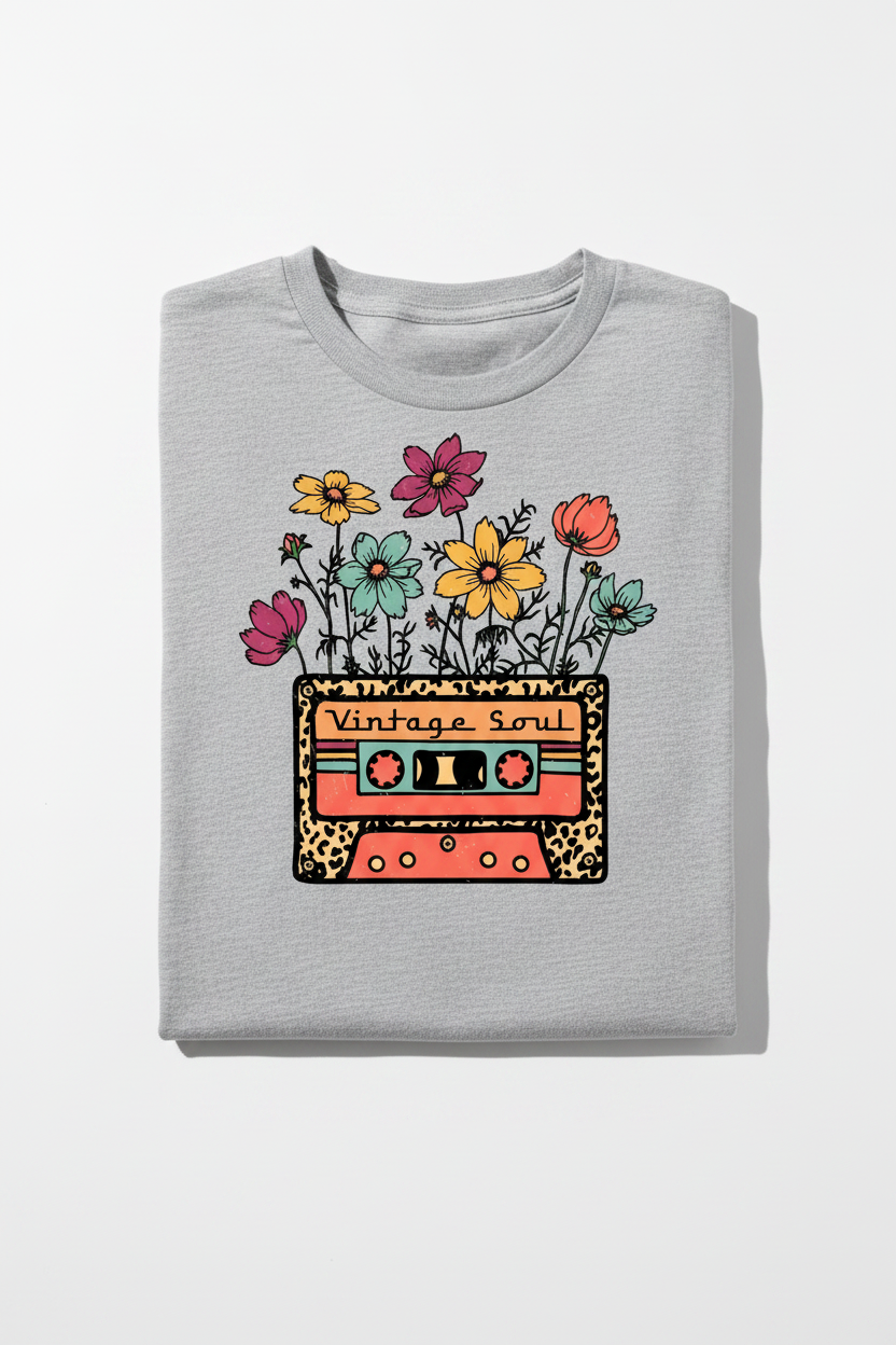 Vintage Soul tee folded gray shirt flat lay