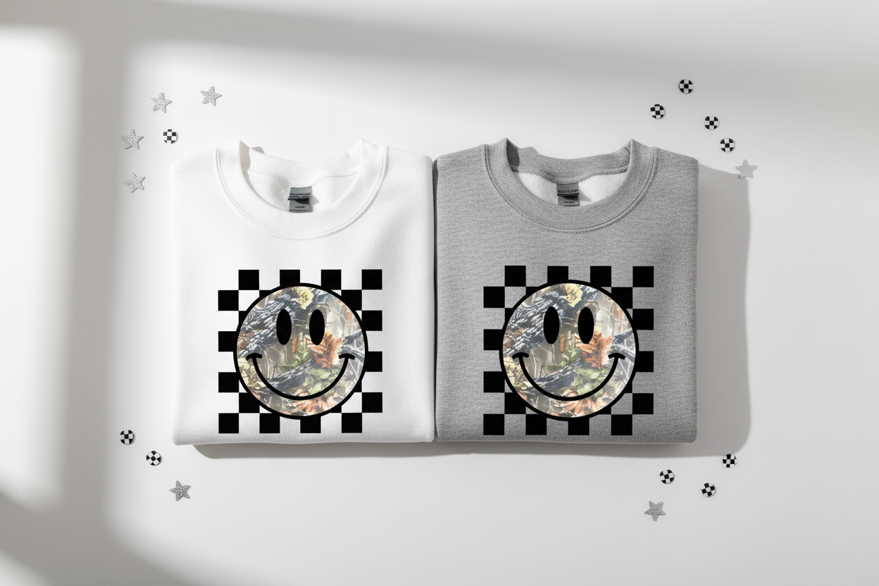 Checkered Camo Smiley sweatshirts folded flat lay white and heather gray