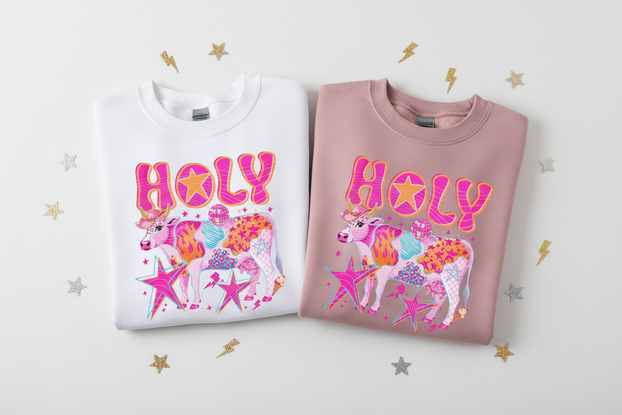 Holy Cow sweatshirts folded flat lay white and dusty mauve