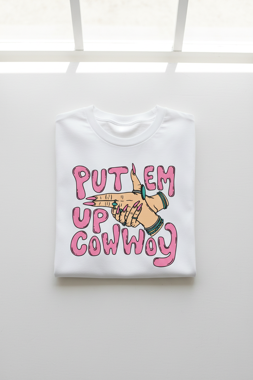 Put Em Up Cowboy tee folded white shirt flat lay