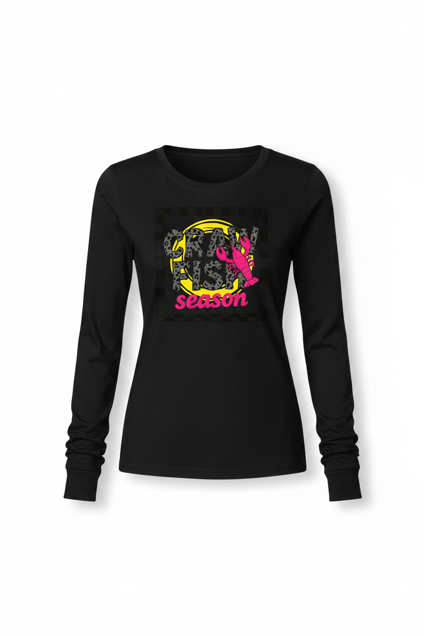 Women's black Crawfish Season long sleeve tee flat lay