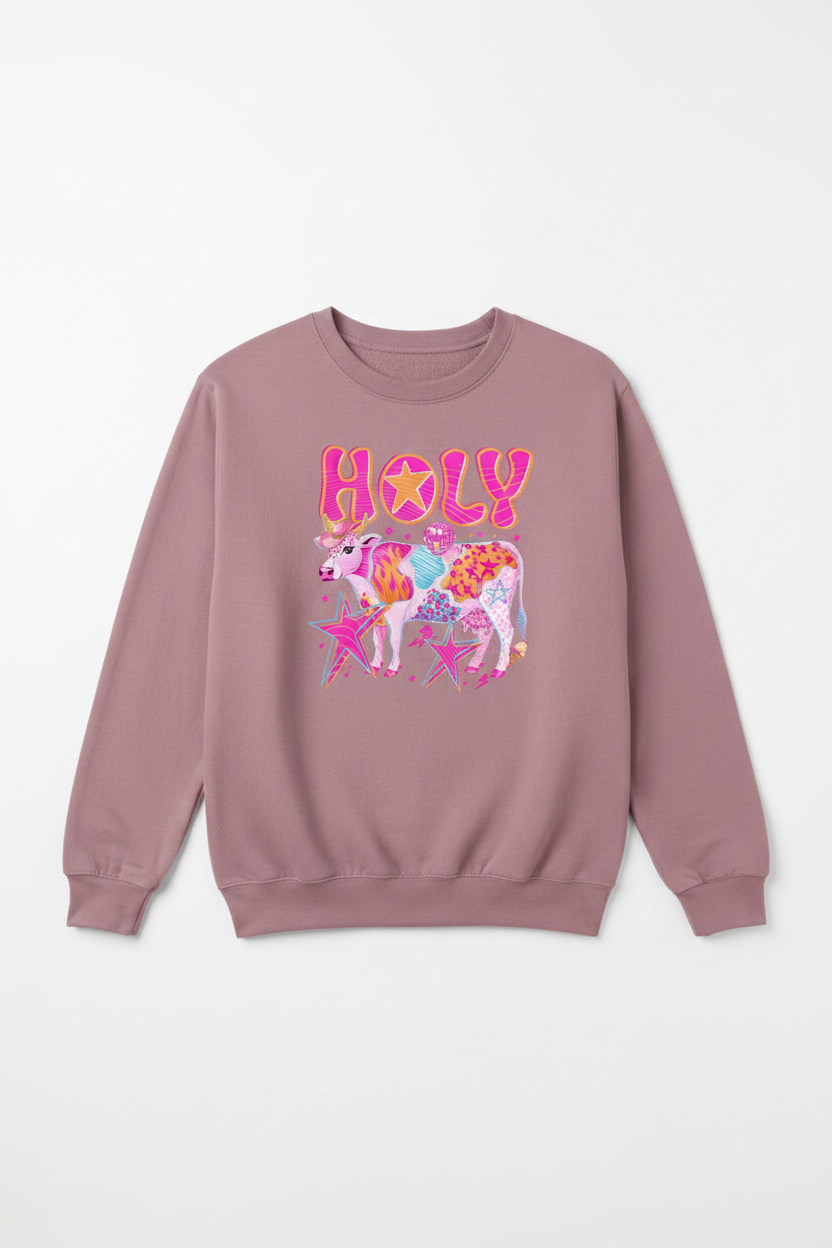 Women's dusty mauve Holy Cow crewneck sweatshirt flat lay