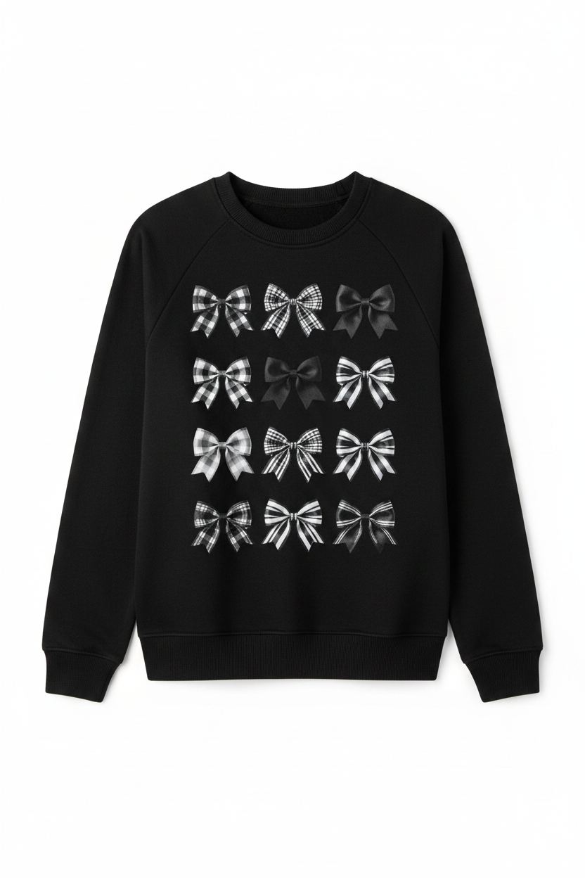 Women's black Checkered Bows crewneck sweatshirt flat lay