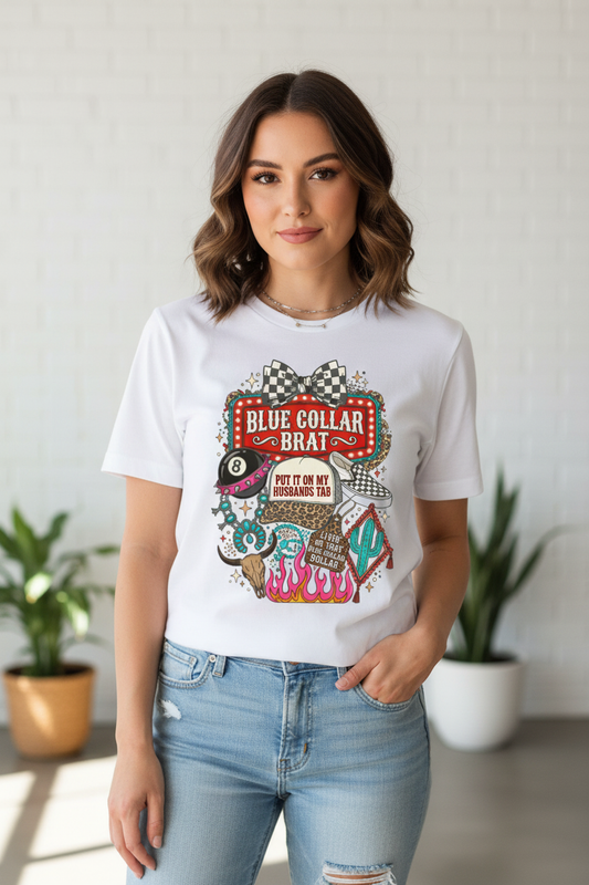 Blue Collar Brat tee worn on white shirt