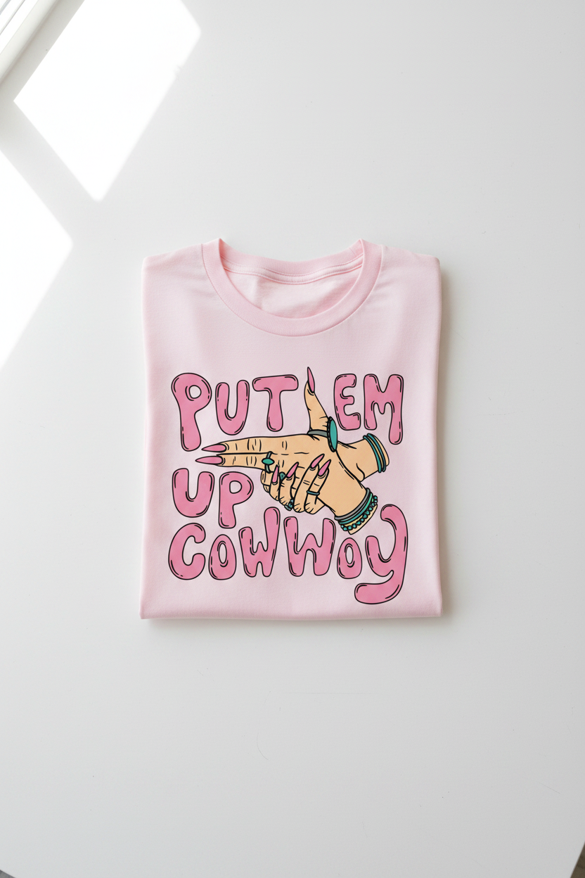 Put Em Up Cowboy tee folded pink shirt flat lay