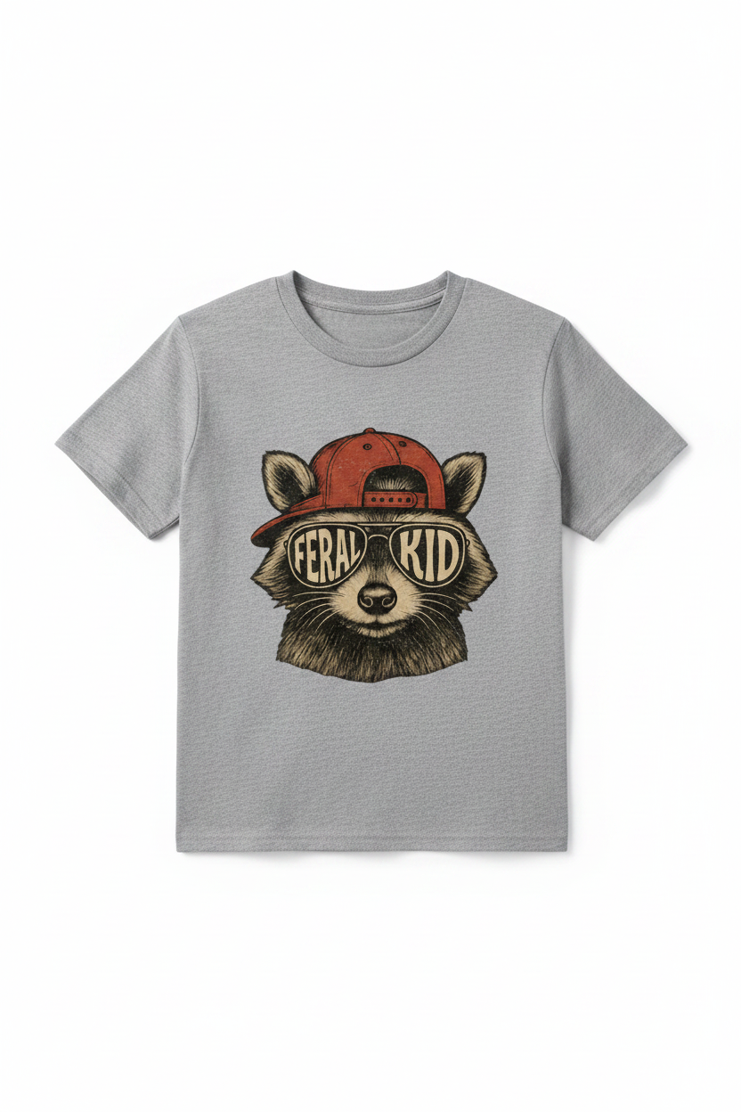 Youth heather gray Feral Kid tee flat lay