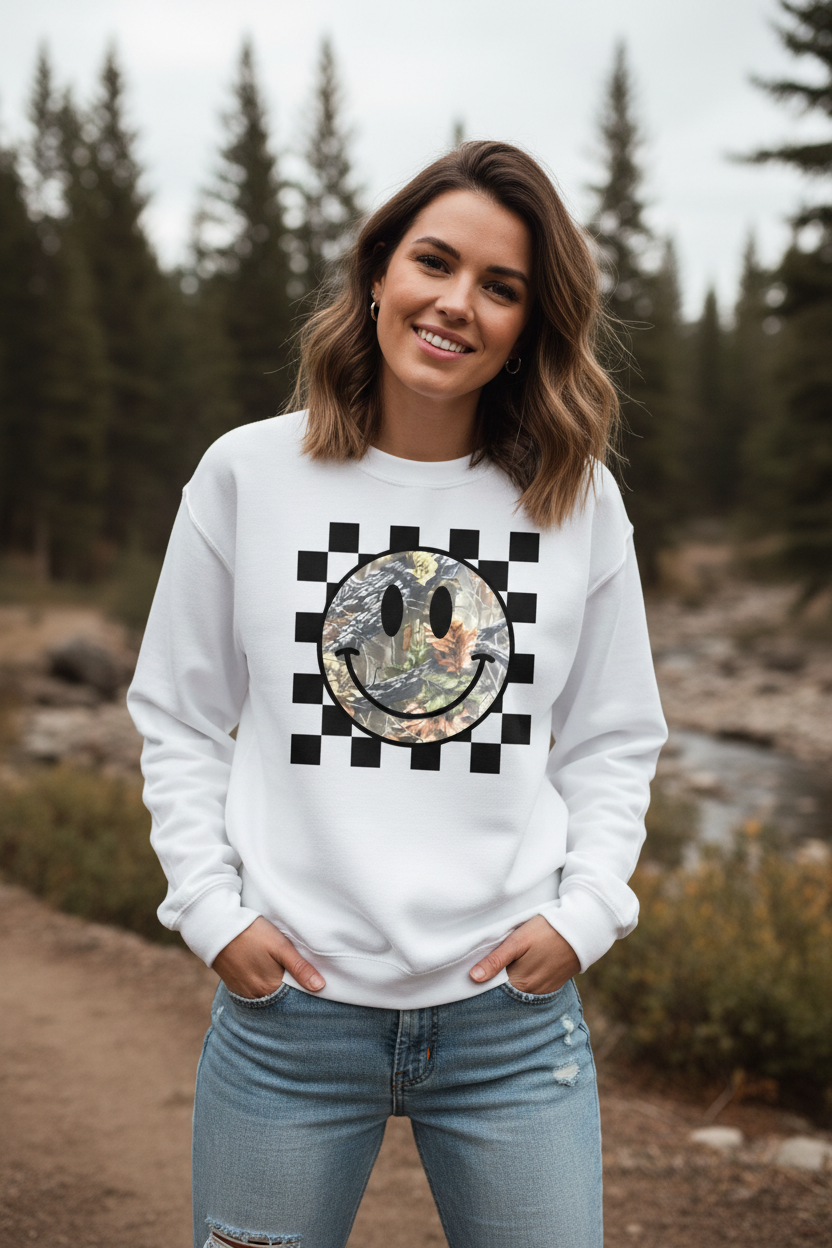 Woman wearing Checkered Camo Smiley sweatshirt lifestyle shot