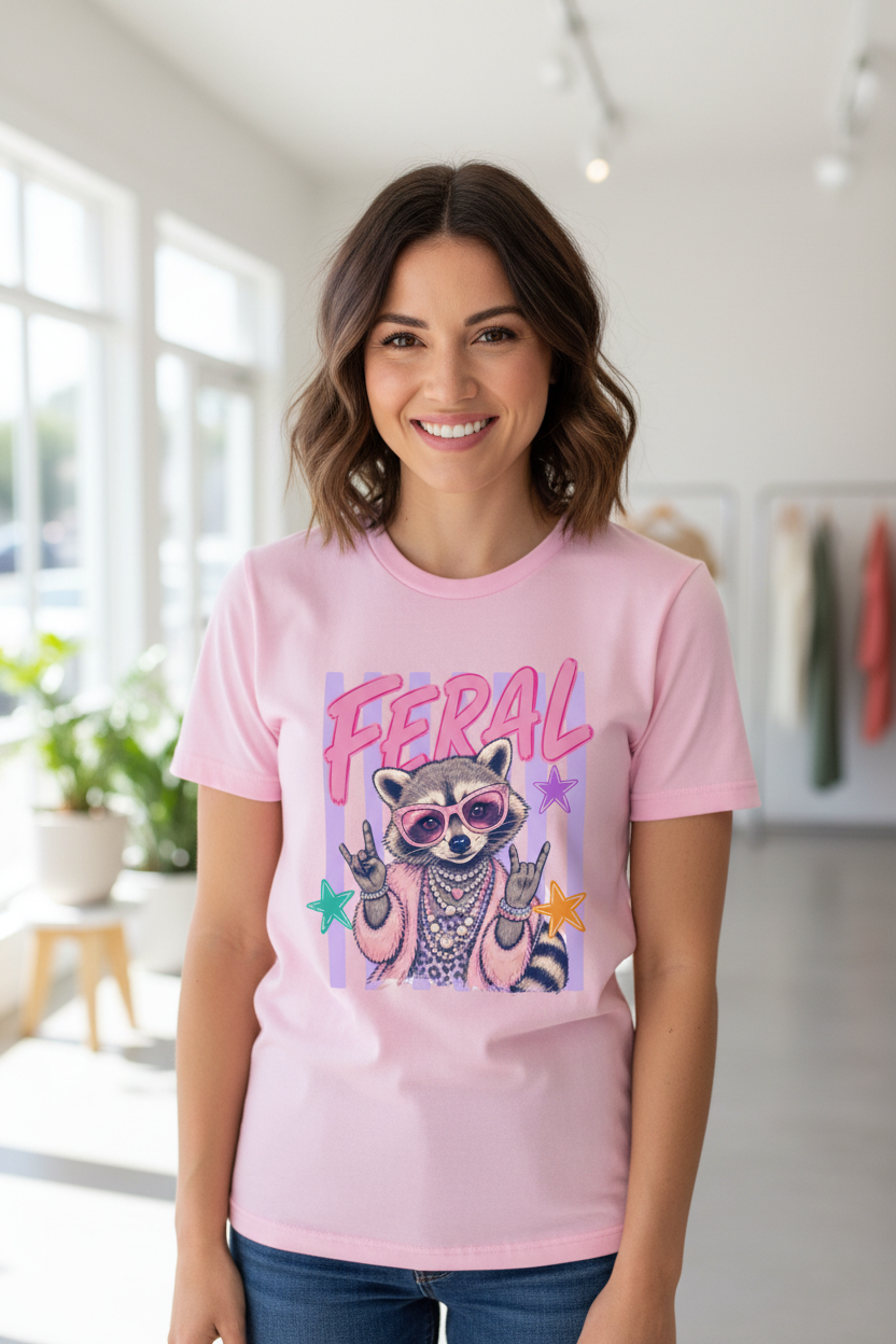Feral tee worn on pink shirt