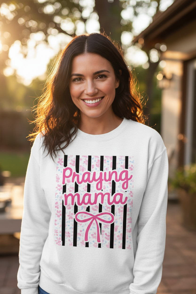 Woman wearing Praying Mama crewneck sweatshirt lifestyle shot