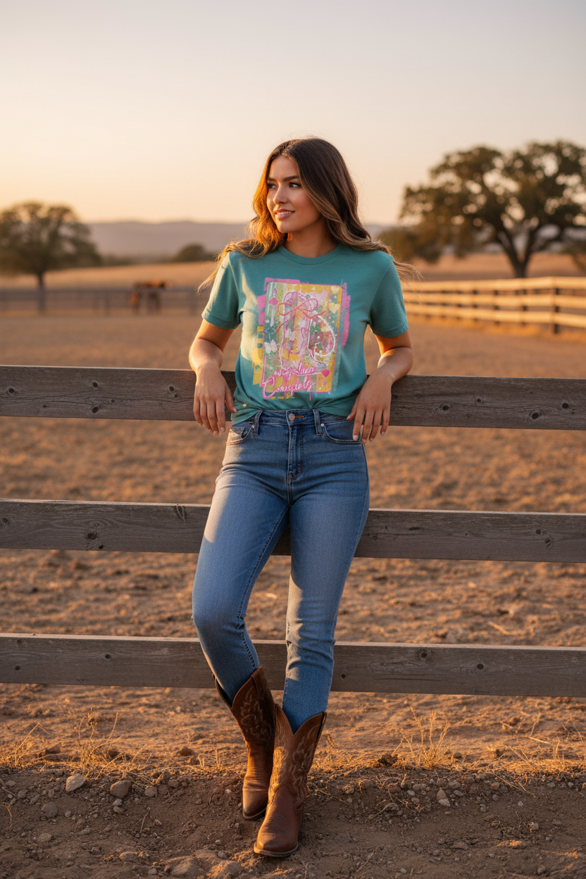 Long Live Cowgirls teal tee lifestyle - ranch fence