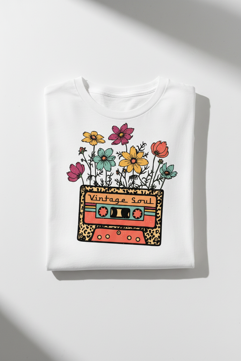 Vintage Soul tee folded white shirt flat lay