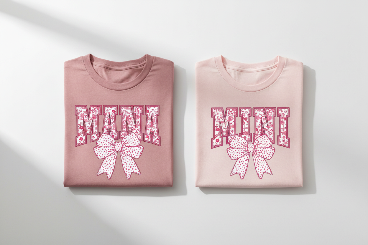 Mama and Mini tees folded flat lay