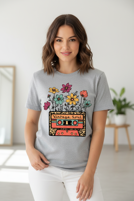 Vintage Soul tee worn on gray shirt