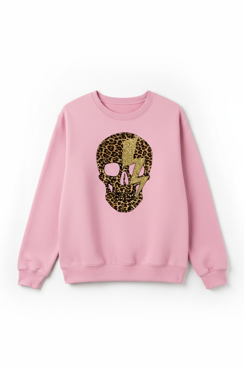 Leopard skull sweatshirt flat lay - pink