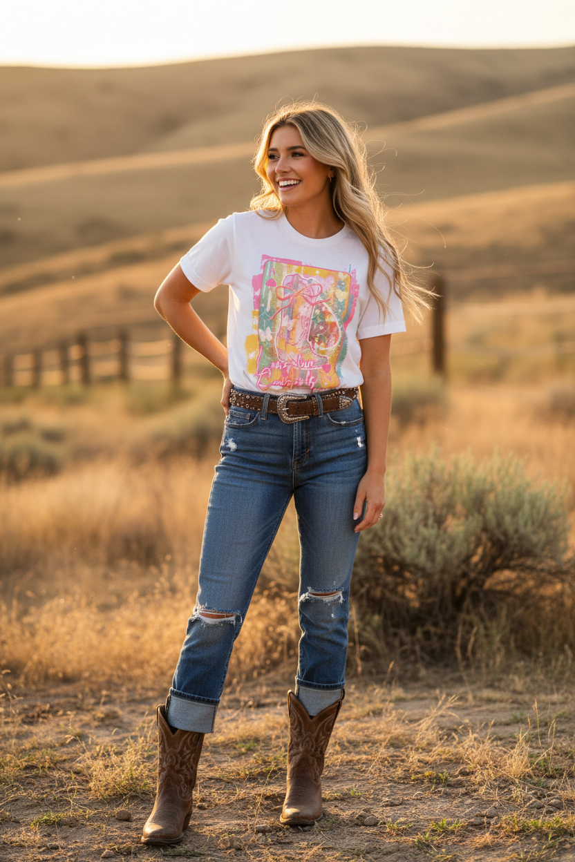 Long Live Cowgirls white tee lifestyle - outdoor Western setting