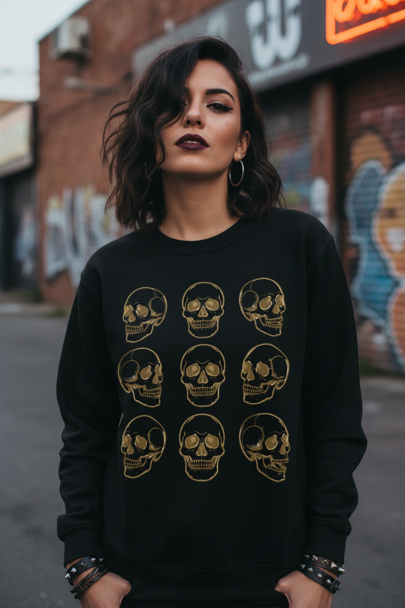 Woman wearing Gold Skulls crewneck sweatshirt lifestyle shot