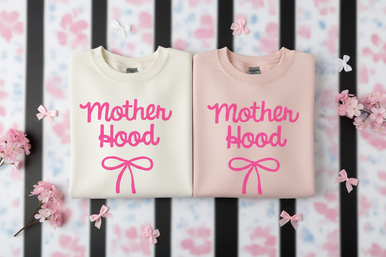 Mother Hood sweatshirts folded flat lay white and blush pink