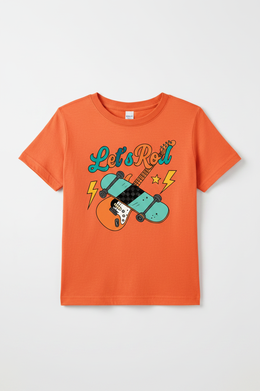 Toddler orange Let's Roll tee flat lay