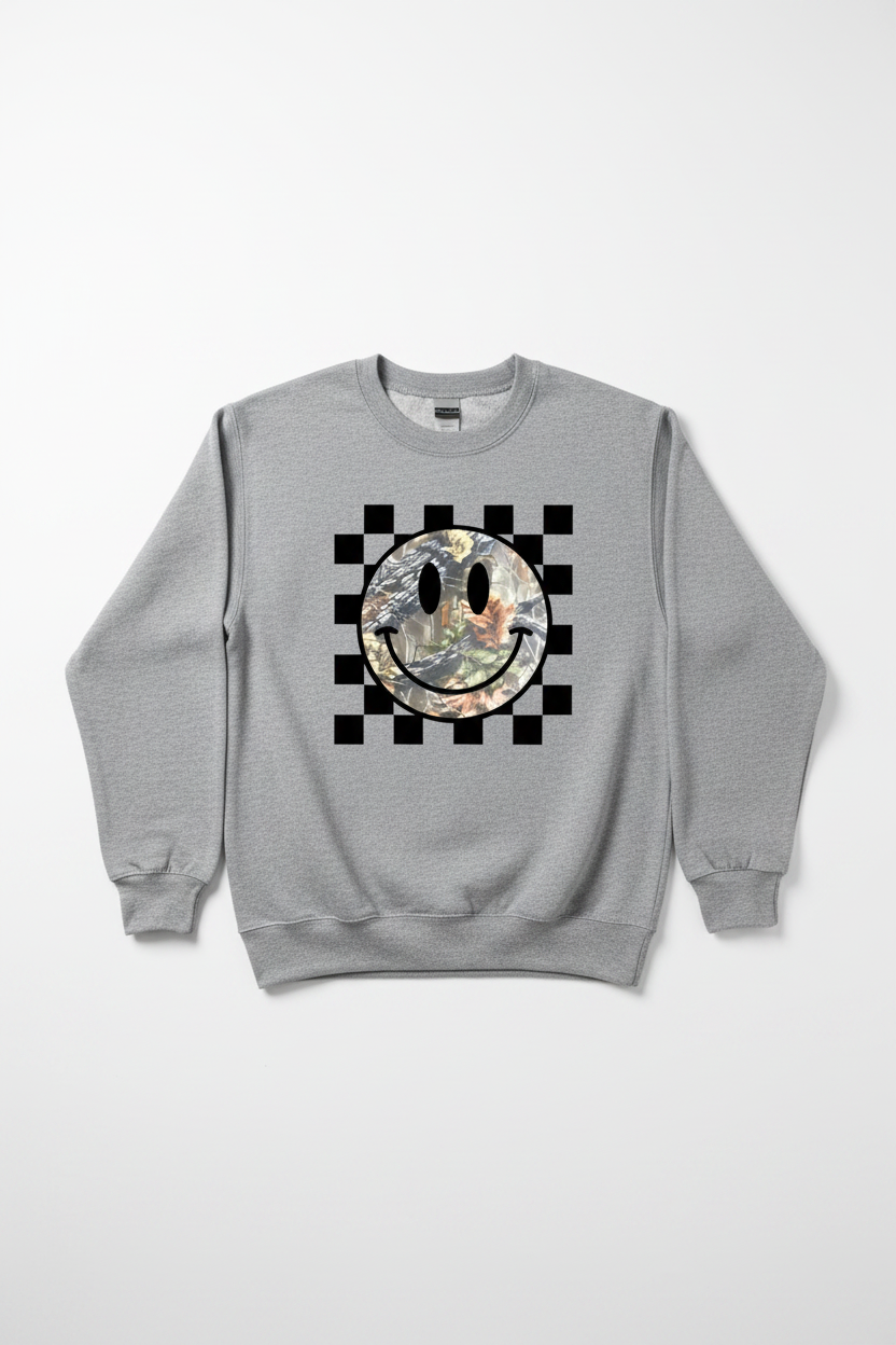 Women's heather gray Checkered Camo Smiley crewneck sweatshirt flat lay