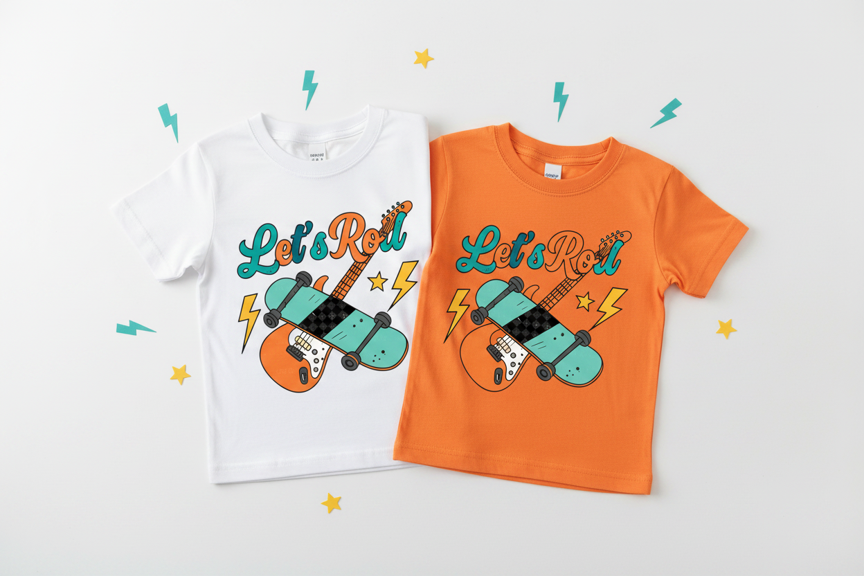 Let's Roll tees folded flat lay