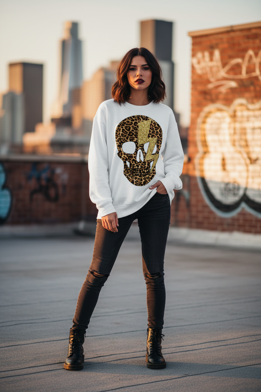 Leopard skull sweatshirt lifestyle - white