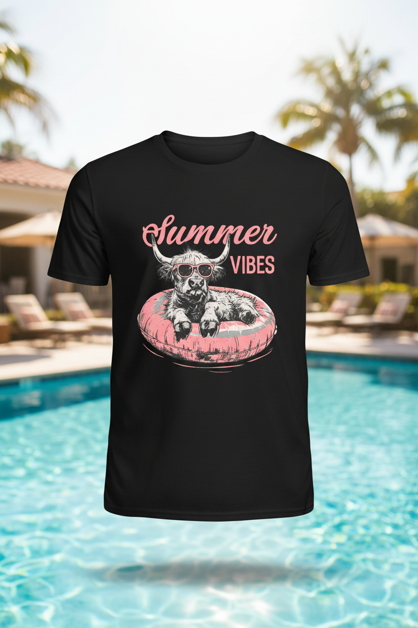 Summer Vibes Highland Cow Graphic Tee - Black