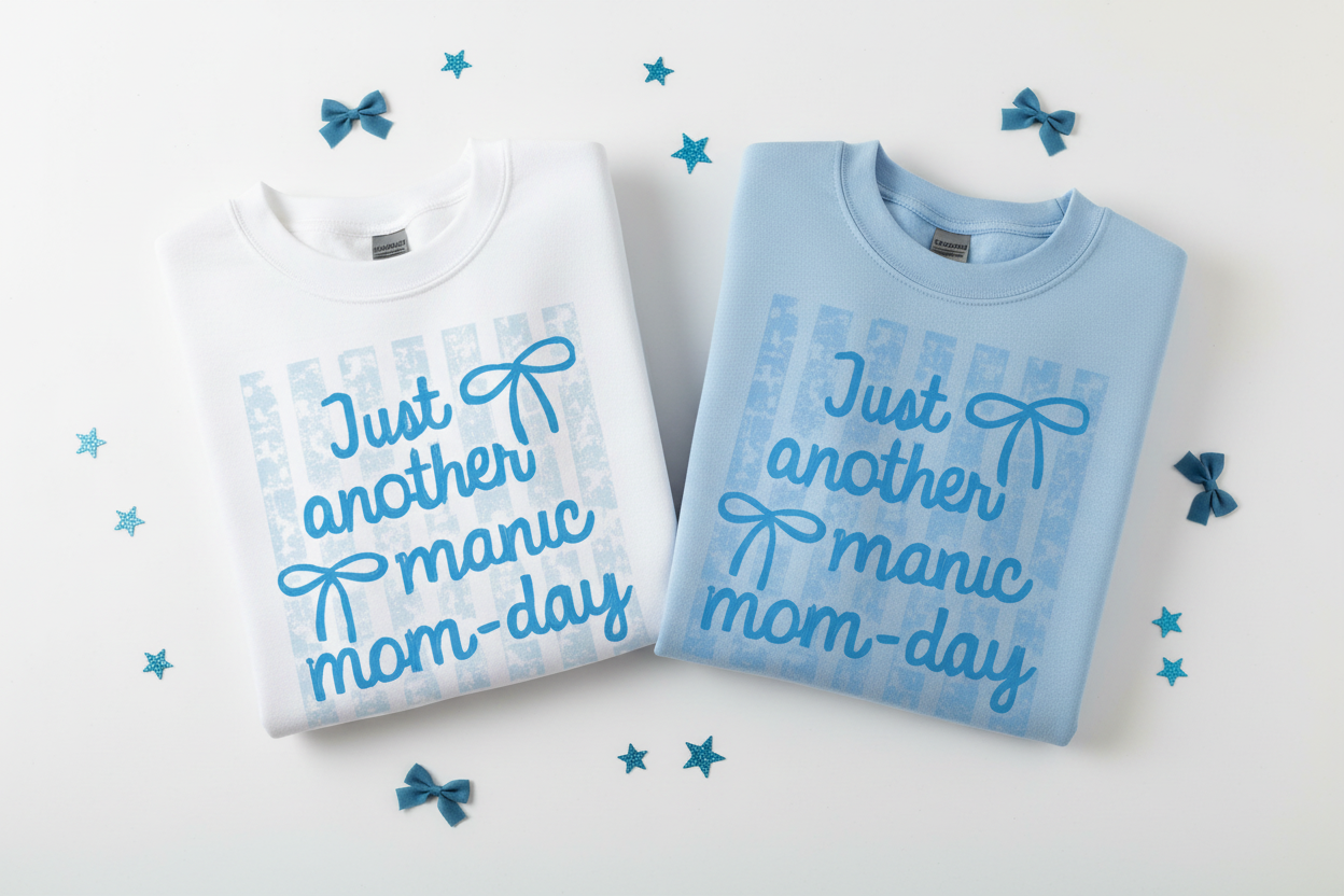 Manic Mom-Day sweatshirts folded flat lay white and light blue