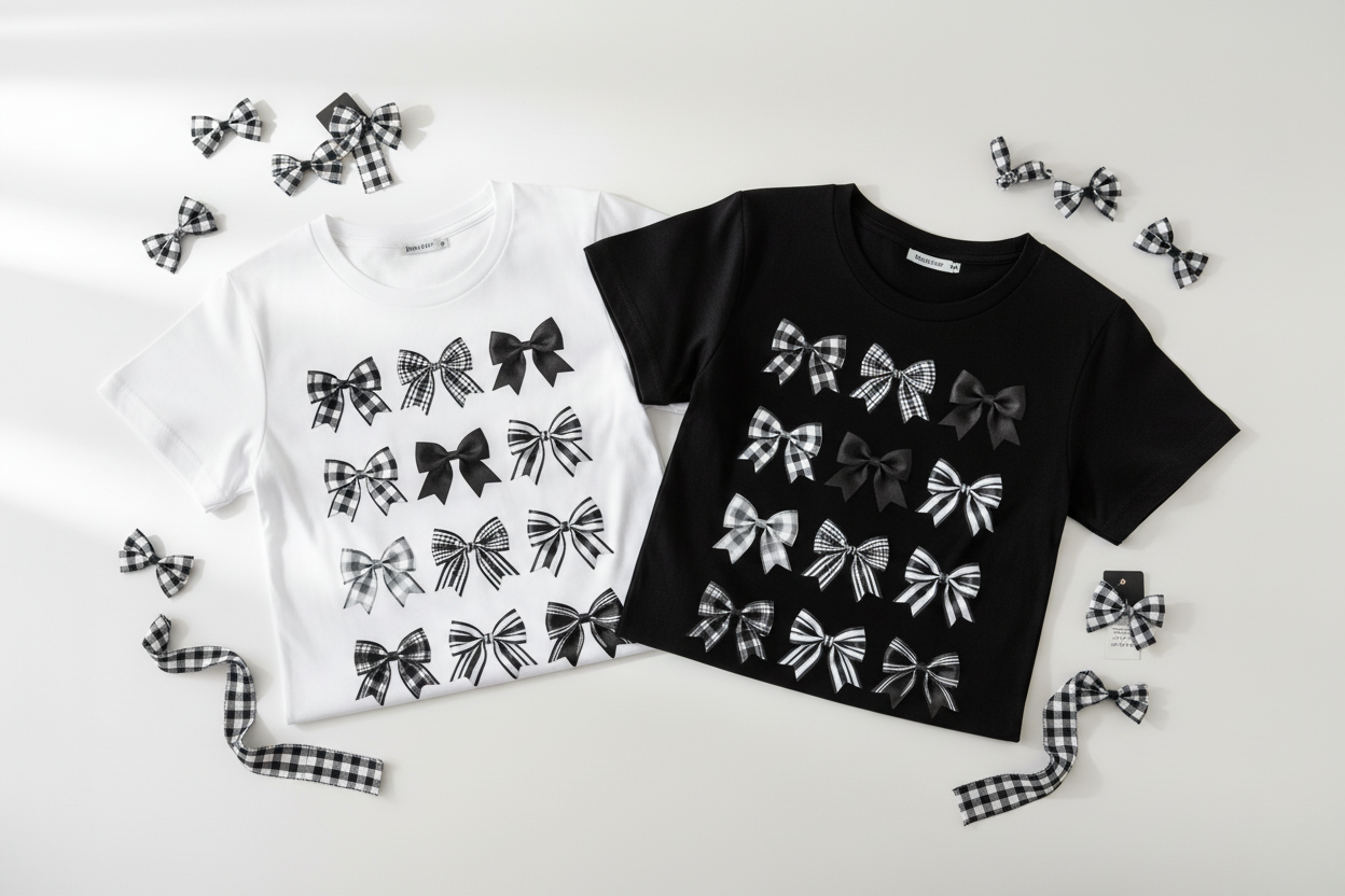 Checkered Bows long sleeve tees folded flat lay white and black