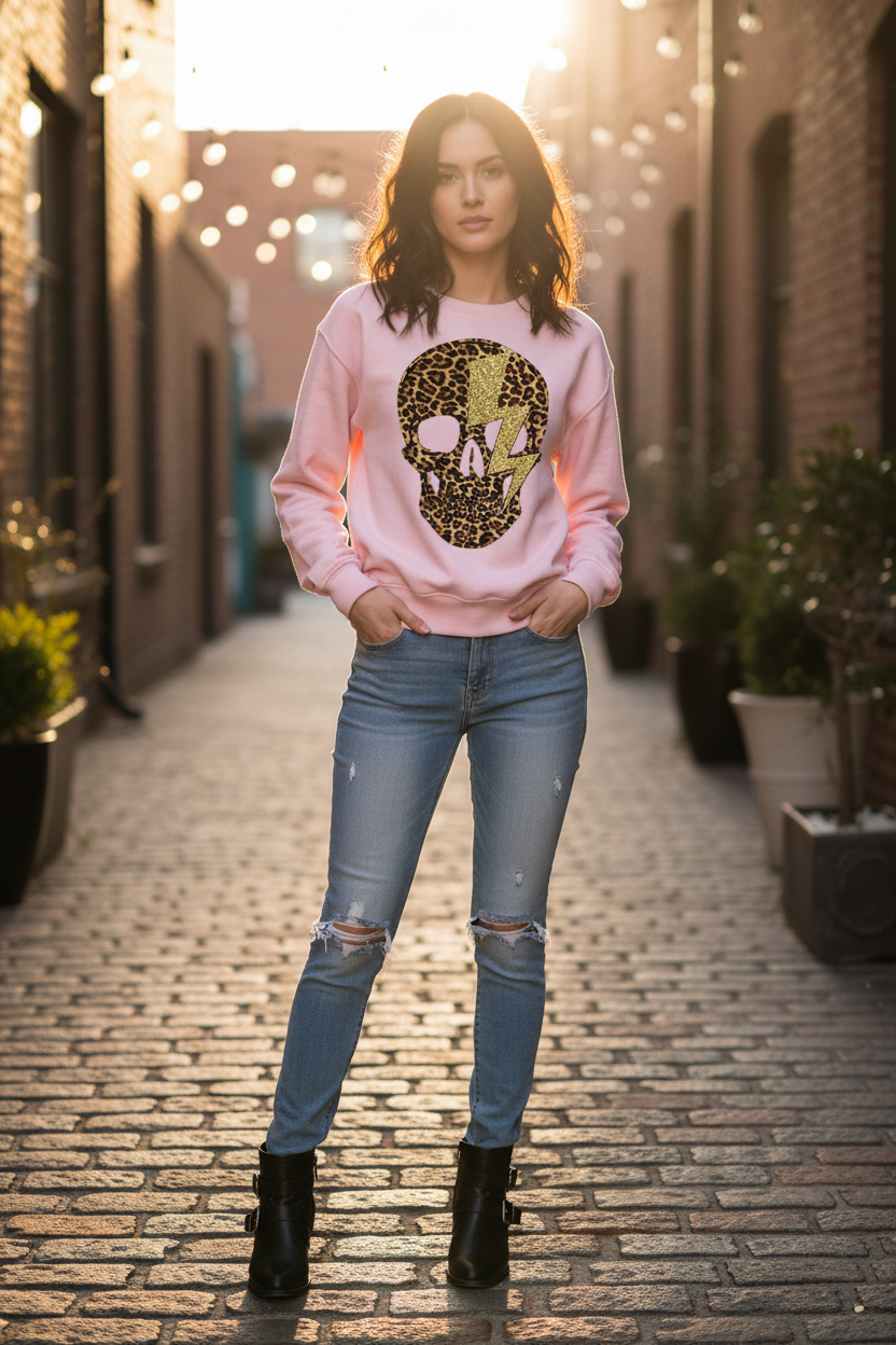 Leopard skull sweatshirt lifestyle - pink