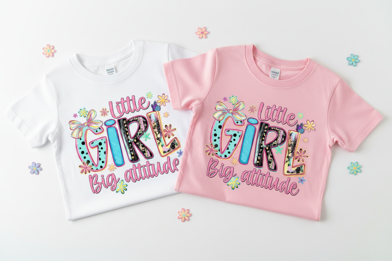 Little Girl Big Attitude tees folded flat lay white and pink