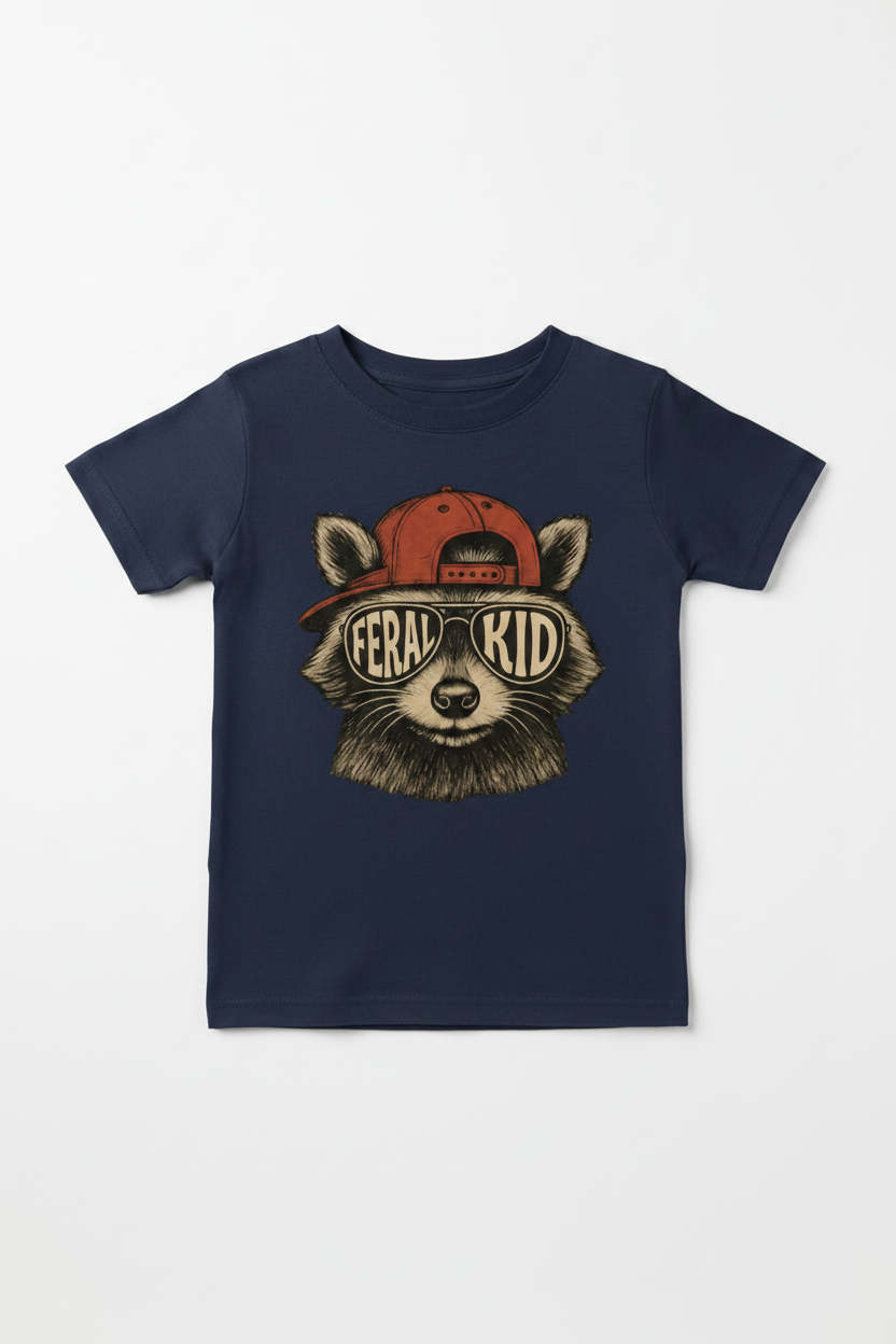 Toddler navy blue Feral Kid tee flat lay