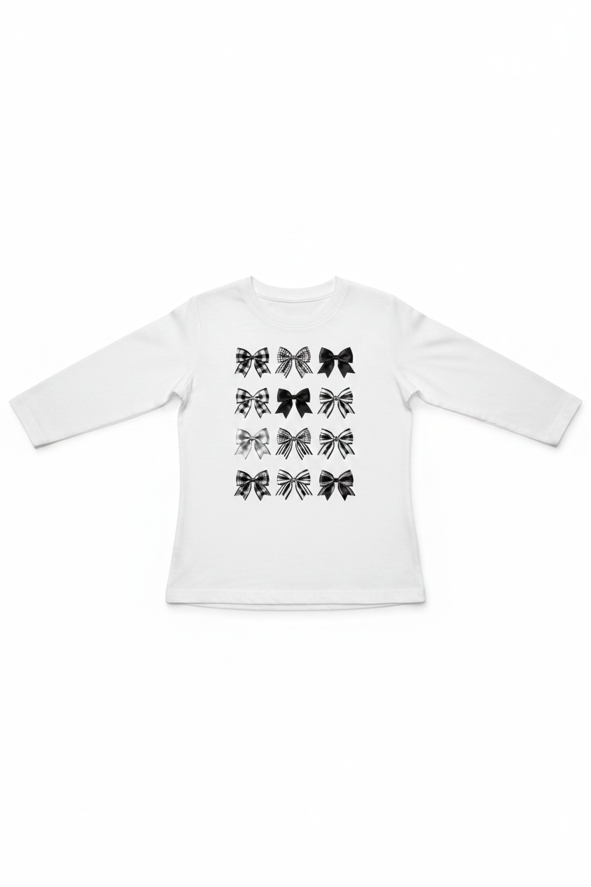 Women's white Checkered Bows long sleeve tee flat lay