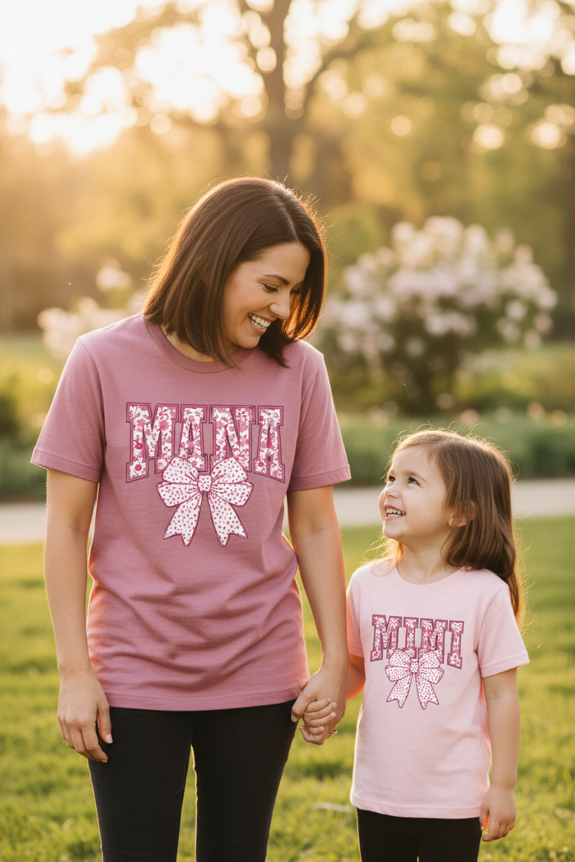 Mom and daughter wearing matching Mama and Mini floral bow tees