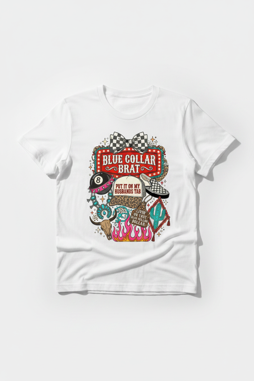 Blue Collar Brat tee folded white shirt flat lay