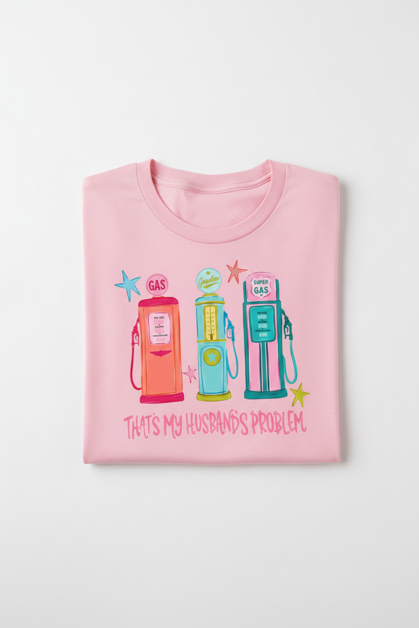 That's My Husband's Problem tee folded pink shirt flat lay