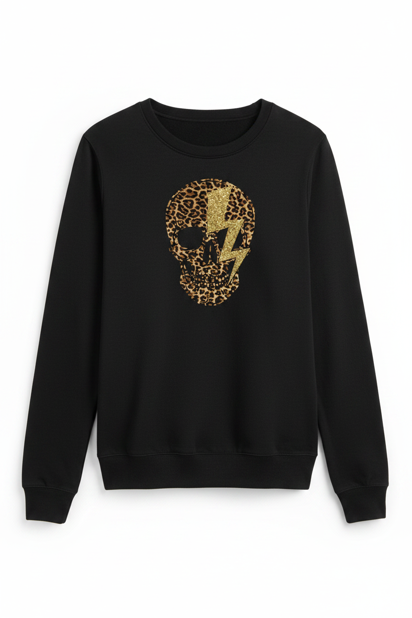 Leopard skull sweatshirt flat lay - black