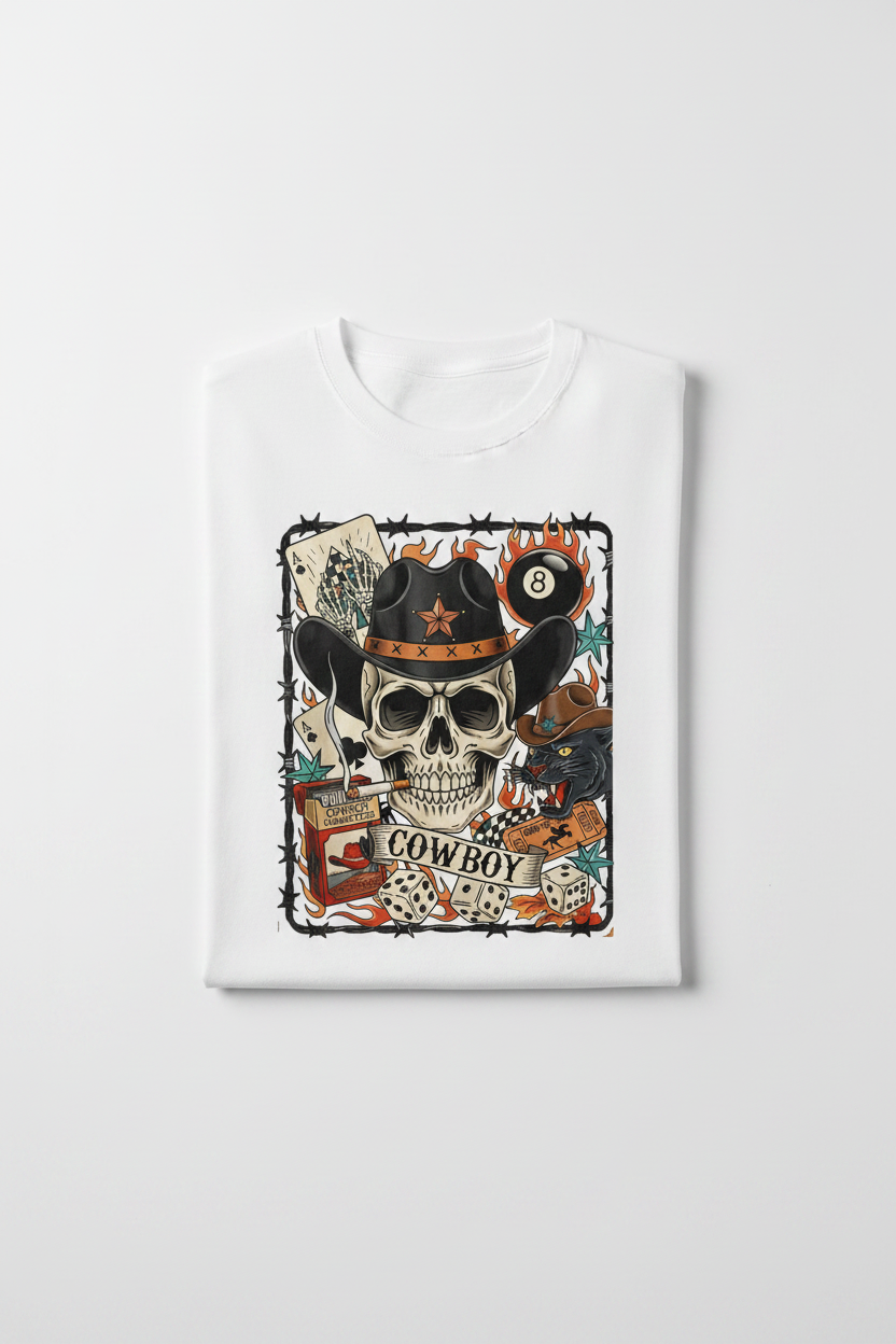 Cowboy tee folded white shirt flat lay