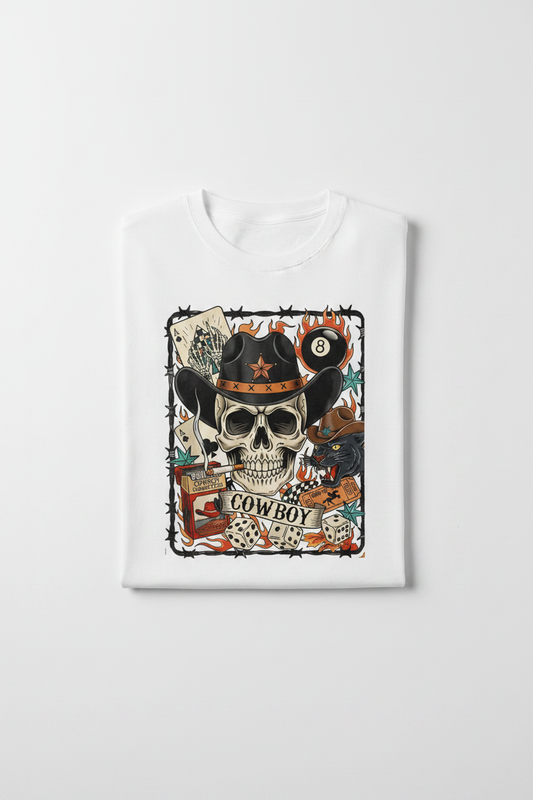 Cowboy tee folded white shirt flat lay