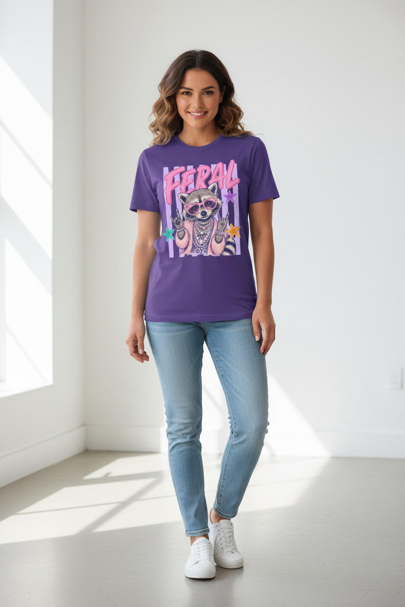 Feral tee worn on purple shirt