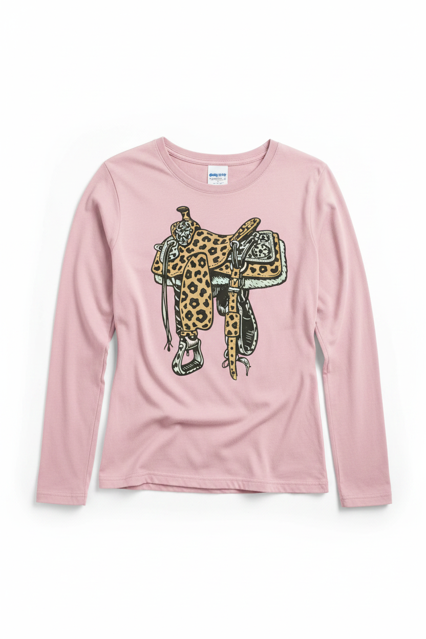 Western saddle long sleeve flat lay - pink